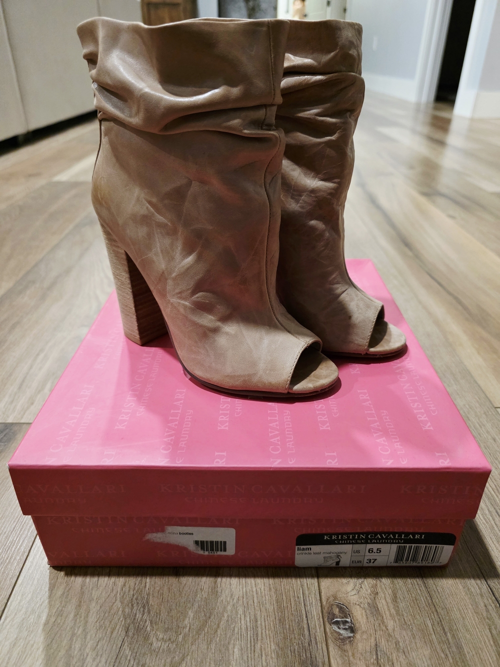 Kristin Calvallari Tan Slouch Open-Toe Block Heel Booties